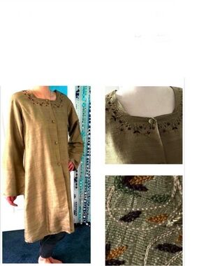 Vintage Silk Tunic Dress or Overcoat Gold Olive with Embroidered Collar New 🇨🇦